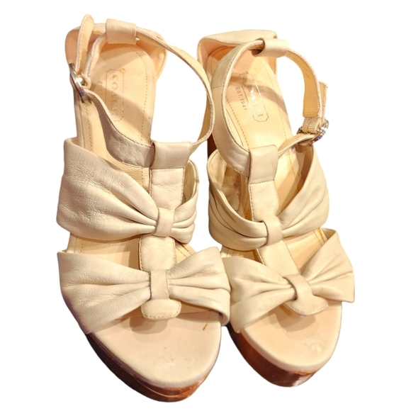 COACH Cream Leather Wooden Heel Wedge Sandals - Picture 1 of 3